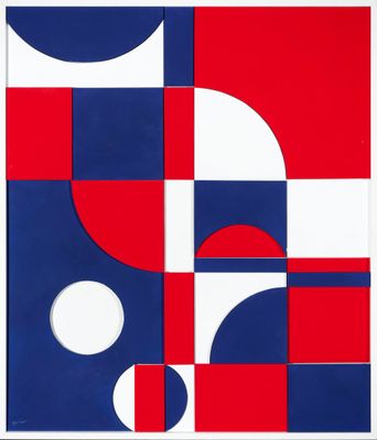 une peinture abstraite composée de formes rouges, blanches et bleues