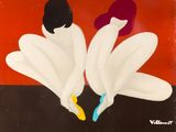 a poster of two women sitting on the ground with their legs crossed
