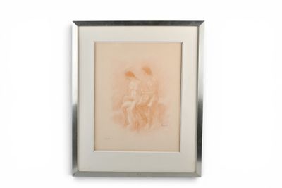tableau représentant un homme et une femme, dans un cadre blanc accroché au mur