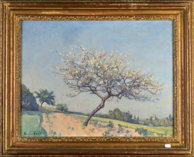 an oil painting of a tree in a field with a dirt road
