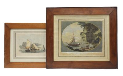 two framed pictures of boats on a body of water with a mountain in the background