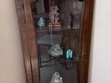 a corner cabinet with a glass door in the corner of the room