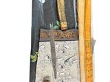 a picture of a knife, ruler, and other items on a table