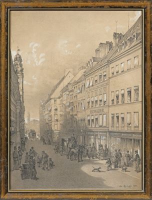 une vieille photo représentant une scène de rue avec une calèche au premier plan