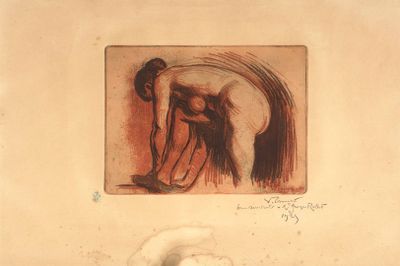 a drawing of a woman bending over with her head down