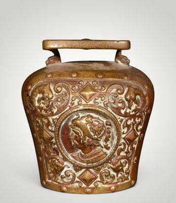 an image of a brown vase with a picture of a man on it