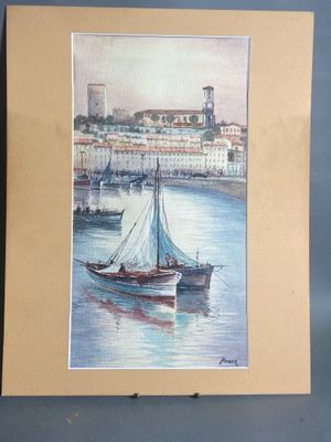 tableau représentant un voilier dans un port, avec une ville en arrière-plan
