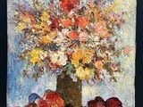 painting of a vase of flowers on a table with apples