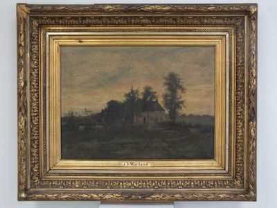 une peinture à l'huile d'un paysage avec une maison au loin