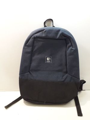 the backpack is blue and black with a small logo on the front
