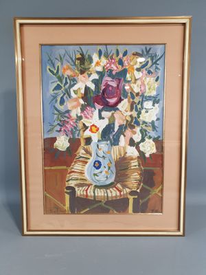 painting of a vase of flowers on a chair with a blue background