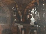 tableau représentant un homme et une femme assis à une table dans un vieux bâtiment