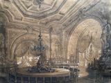 a drawing of a dining room with a chandelier and chandelier