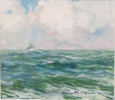 an oil painting of a boat in the middle of a large body of water