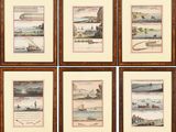 quatre photos encadrées représentant des bateaux sur l'eau et un phare au loin