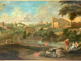 peinture d'un paysage avec une rivière et un château au loin