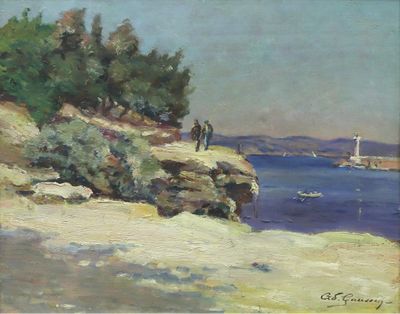 painting of two people walking on a beach near a body of water