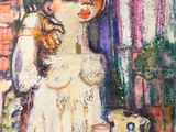 un tableau représentant une femme assise à une table avec une tasse de café