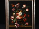 an oil painting of flowers in a vase on a table