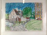 drawing of a street scene with a house and a car in the distance
