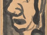 peinture représentant le visage d'une femme en noir et blanc, avec un oiseau perché sur sa tête