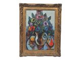 a painting of a vase with flowers on a table