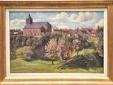 an oil painting of a church on a hill with trees in the foreground