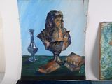 a painting of a woman sitting on a chair next to a painting of a vase and a painting of a man