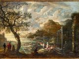 une image représentant un tableau de paysage avec des personnages au premier plan et un château à l'arrière-plan