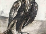 une peinture à l'huile représentant un oiseau perché sur une branche d'arbre