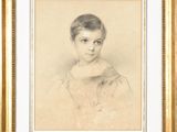 a drawing of a young girl in a white dress in a gold frame