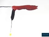 a painting of a red bird flying in the sky