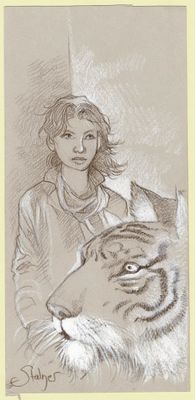 dessin représentant une femme avec un tigre sur les genoux