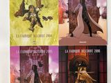 three books with pictures of different characters on them on a table