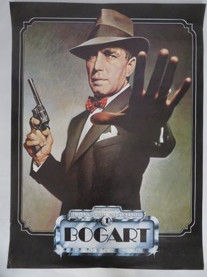 une vieille affiche de cinéma représentant un homme en costume tenant un pistolet