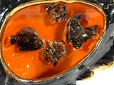 a sculpture of a fish with orange eyes on it ' s head