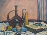 a painting of a still life with a teapot, book, glasses, and apples on a table