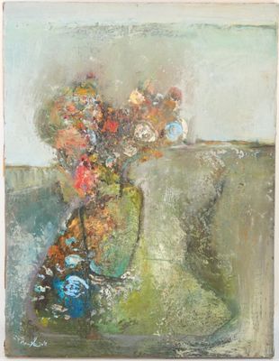painting of a vase of flowers on a table in front of a window