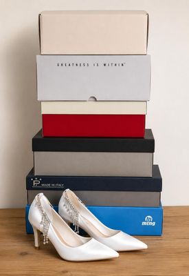 several boxes stacked on top of each other with a pair of white shoes on top of them