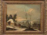 a painting of a farm scene with a man and a dog in the foreground
