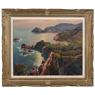 une peinture à l'huile représentant une vue de l'océan depuis une falaise
