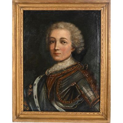 un tableau représentant un homme en armure, dans un cadre doré