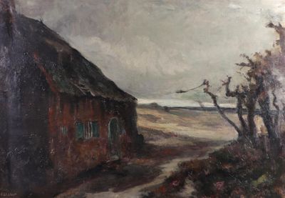 une peinture à l'huile représentant une grange au bord d'un chemin de terre