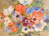 une peinture de fleurs dans un vase sur une table