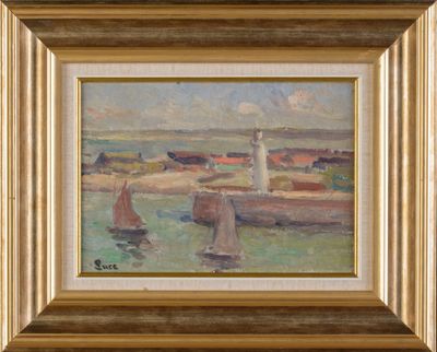 une peinture à l'huile représentant des bateaux dans un port, avec un phare en arrière-plan