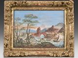 an oil painting of a landscape with a river and a bridge