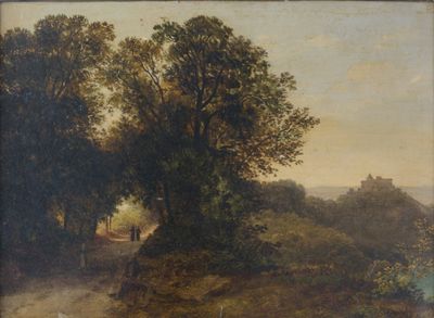 tableau représentant un paysage boisé avec deux personnages marchant sur un sentier