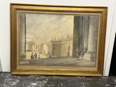 une peinture représentant une peinture d'un bâtiment autour duquel des gens se promènent