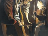an oil painting of a man bending over a woman ' s shoe