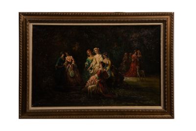 un tableau représentant un groupe de femmes dans un décor boisé